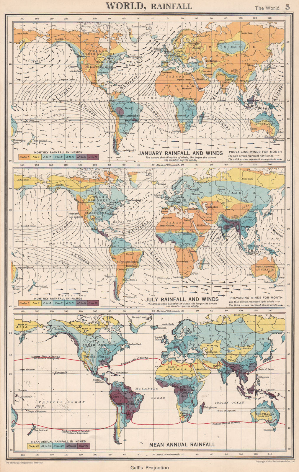 WORLD RAINFALL & WINDS. January July Mean annual. BARTHOLOMEW 1952 old map